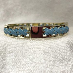 VGUC Vntg '80's Gold-Tone Hinge Bracelet w/Light Blue Leather "Laces," 2 3/8" D